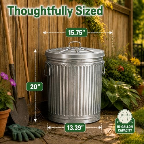 15 Gallon Galvanized Steel Trash Can with Lid Handles for Indoor & Outdoor Use - Weather-Resistant Storage Bucket