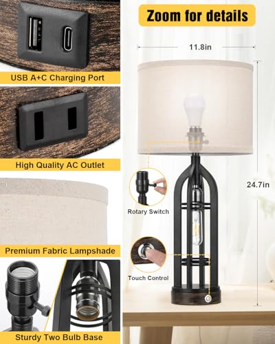 Seealle Farmhouse 3-Way Dimmable Table Lamps Set of 2 with Oat Shade & Black Base
