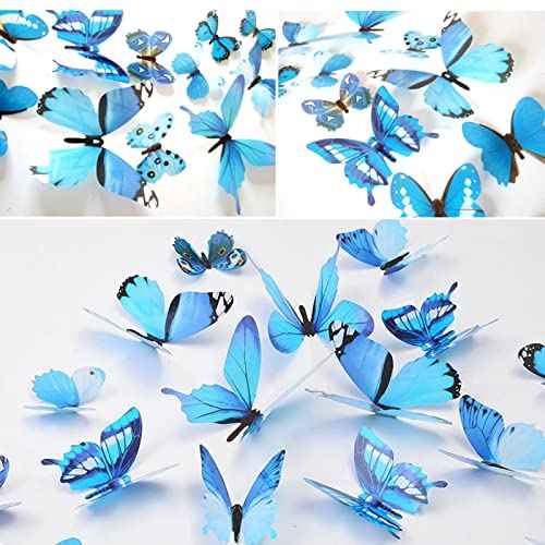 Ewong Butterfly Wall Decals, 36PCS 3D Butterflies Home Decor for Room, Wall Sticker for Girls Room Kids Bedroom Bathroom Baby Nursery Decoration (Blue)