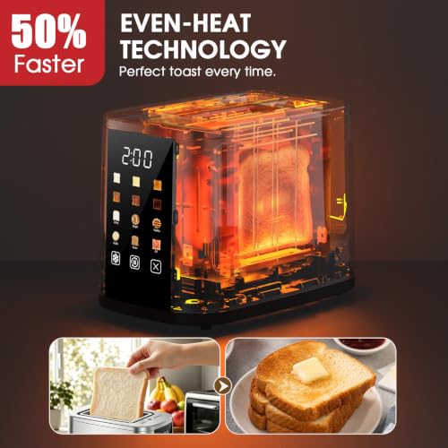 Foyoconven 2-Slot Stainless Steel Toaster with Touch Screen, 1.5 Inch Wide Slots, Digital Timer & 6 Shade Settings