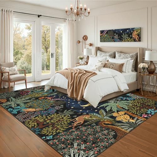Blue 8x10 Jungle Animal Area Rug for Living Room & Bedroom - Washable Non-Slip Floor Mat