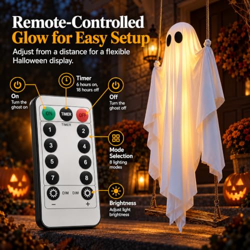 Halloween Outdoor Swinging Ghost with Lights - 5 FT Light Up Ghost Porch Decor with Remote String Lights - Halloween Yard & Entryway Decoration