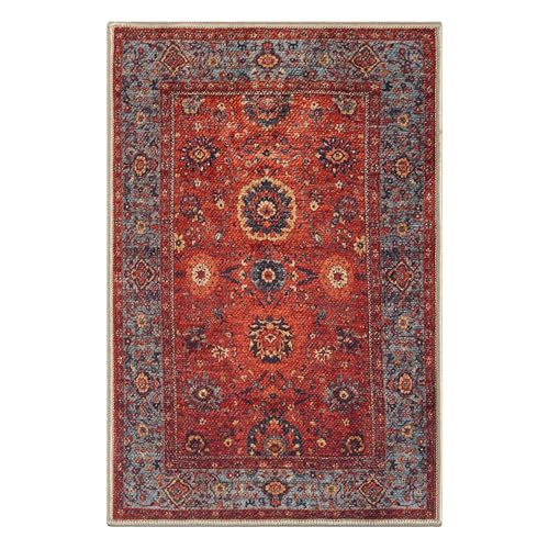 Vintage Washable Entryway Rug 2x3 ft - Non-Slip Low Pile, Red & Turquoise Blue Variation