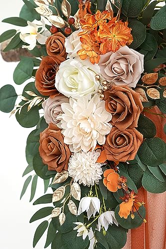 Olalaka Burnt Orange Wedding Arch Flowers Kit with 26ft Terracotta Draping Fabric - DIY Ceremony Backdrop