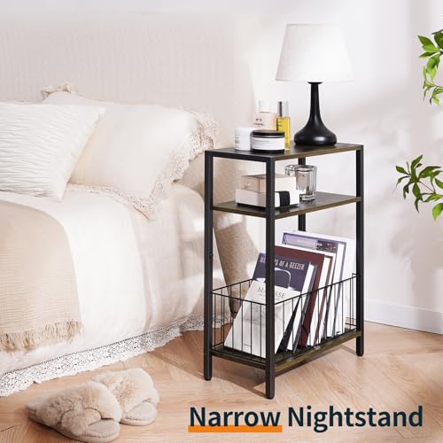 Rustic Brown Narrow Side Table with Storage Basket - Small Space End Table