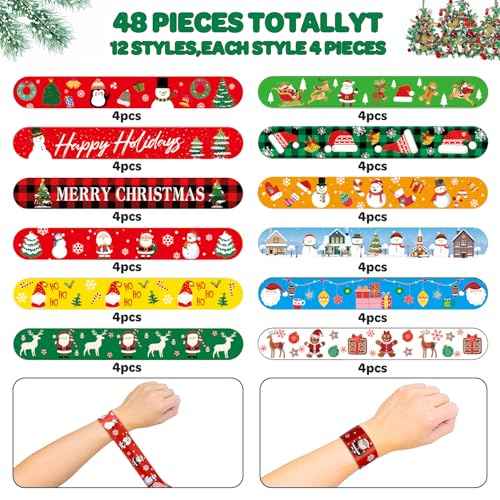 48 Pcs Christmas Slap Bracelets - 12 Styles for Party Favors, Stocking Stuffers & Decorations
