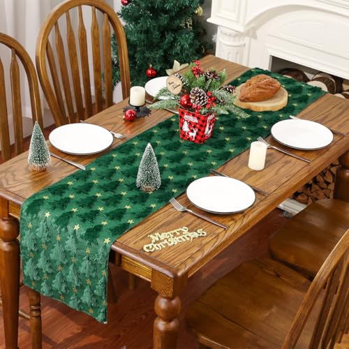 Siilues Green Christmas Trees Table Runner 13x90 Inch - Plush Faux Fur Jacquard