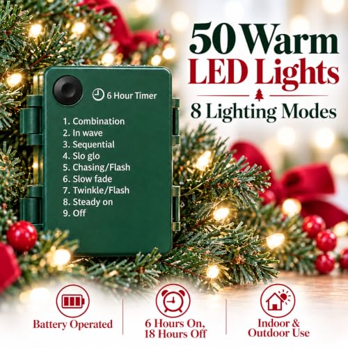 9FT Prelit Christmas Garland with 50 LED Lights – Battery Operated