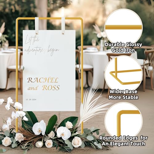 Furosa Gold Wedding Sign Holder with Adjustable Height & Leather Straps - Heavy Duty Easel for Welcome Sign & Seating Chart