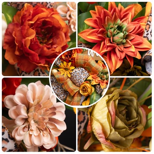 NaturaWre 24 Inch Fall Wreath with Welcome Sign & Leopard Ribbon - Autumn Front Door Decor
