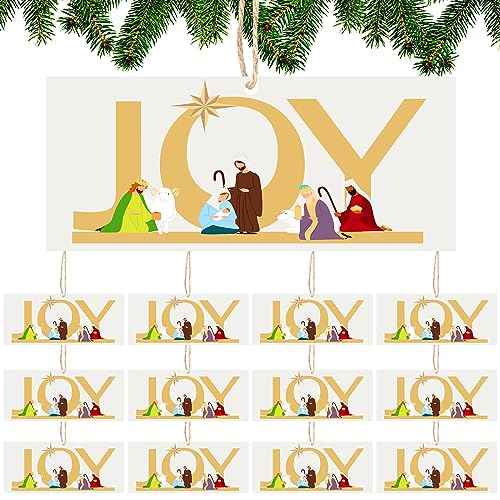 Bucherry 12 Pcs Joy Nativity Scene Ornament for Christmas Tree Wooden Jesus Ornaments Christian Religious Hanging Decor for Home Christmas Decorations