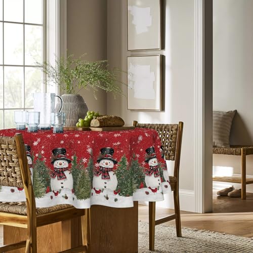 Horaldaily 70-Inch Round Christmas Tablecloth Snowman & Trees Red Winter Decor