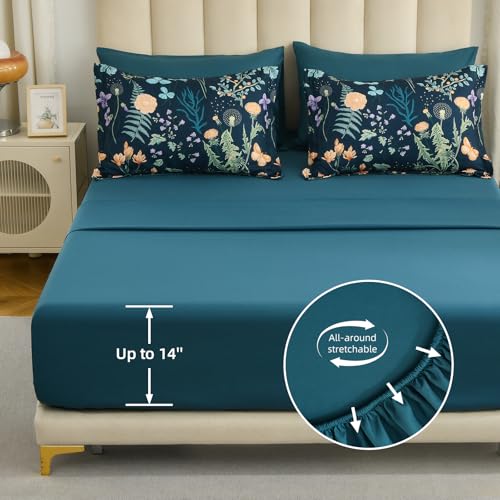 Queen Size Peacock Blue Floral Comforter Set - 7 Pieces Bedding with Reversible Design