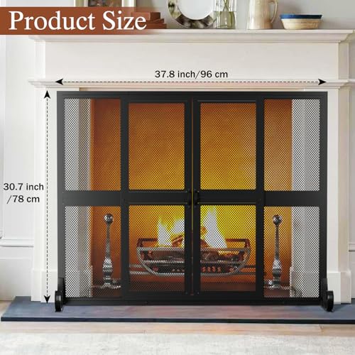 Fireplace Screen with Sliding Doors - Wrought Iron Spark Guard Cover 37.8 x 30.7 inches