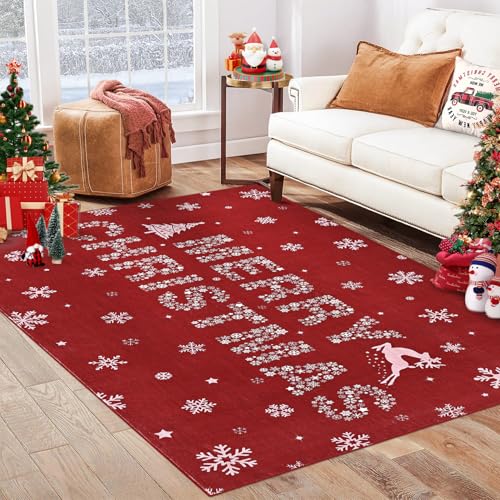 GarveeHome Christmas Snowflake Area Rug 4x6ft Red Washable Non-Slip Winter Decor
