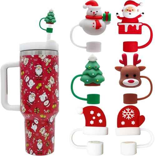 Haundry 6-Pack Christmas Straw Covers for Stanley Straws, 0.4 inch Stanley Straw Caps Compatible with 40 oz Stanley Tumbler with Handle, Reusable Silicone Dust-Proof Straw Tips for Christmas Gift