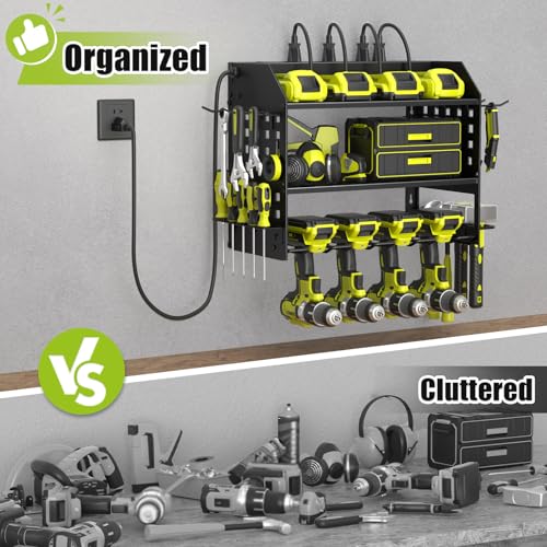 Power Tool Organizer Wall Mount with Charging Station - 3 Layers, 4 Drill Holders, Black