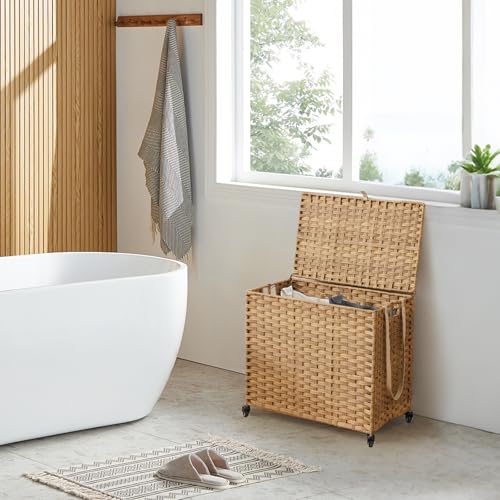 Laundry Hamper with Wheels 34.3 Gallon Natural Rattan 2 Color Liners 3 Mesh Bags