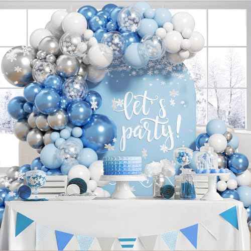 Blue Snowflake Balloon Arch Kit with Metallic White Pastel Blue and Sliver Balloons Snowflake Balloon for Baby Shower Birthday Party Decorations