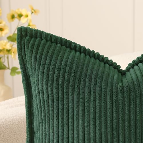 Mecatny 18x18 Corduroy Throw Pillow Covers, Set of 2, Christmas Green with Flange