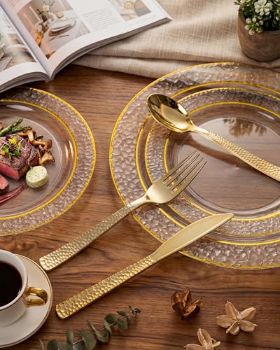 Nervure 300PCS Gold Hammered Plastic Silverware Set - Heavy Duty Disposable Cutlery for Events
