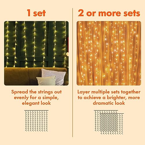 Warm White 300 LED Window Curtain String Lights - 2 Pack, Waterproof Indoor Outdoor Decor