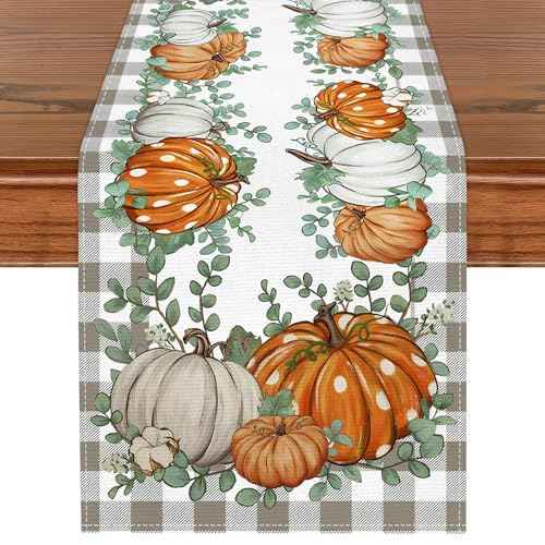 Fall Table Runner, Kaluofan 2024 Table Runner 13"x72", Thanksgiving Table Runner, Fall Decorations for Home, Grid Pattern Around Various Pumpkin for Dining Table Decorations
