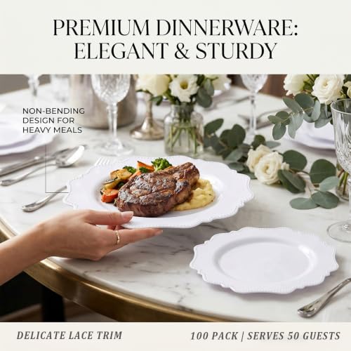 White Disposable Plastic Plates - 100 Pack, Beaded Party Dinner & Dessert Plates