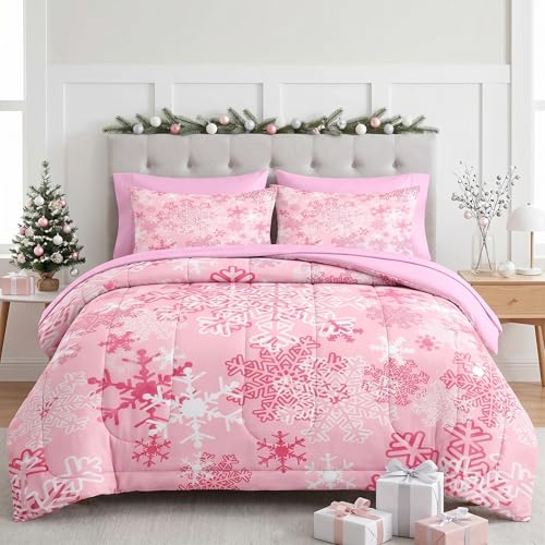 WeCozy King Pink Snowflake Comforter Set with Sheets - 7 Pieces