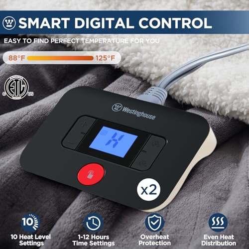 Westinghouse Electric Heated Blanket Queen 84x90 Charcoal ETL Certified Cozy Warmth