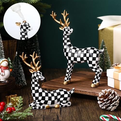 Yookeer 2 Pcs Black and White Grid Reindeer Figurines Xmas Decor Home & Garden