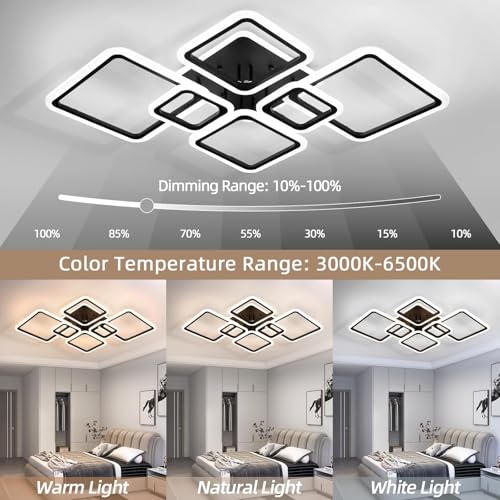 Black 7-Light Modern LED Ceiling Light with Remote - 36.2 Inch Dimmable Acrylic Rings