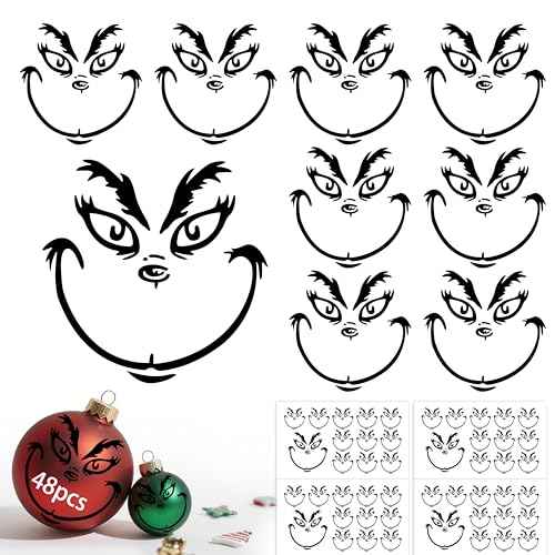 48PCS Christmas Decorations Stickers for Ornaments, Waterproof Vinyl DIY Face Decals for Home Project, Party Supplies