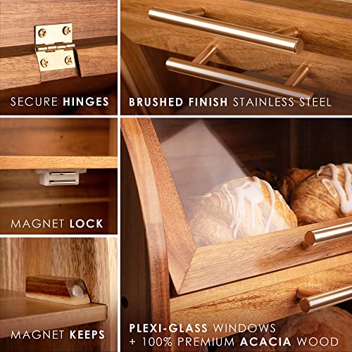 Acacia Wooden Bread Box for Kitchen Countertop - Extra Large 2-Shelf - Umber Finish