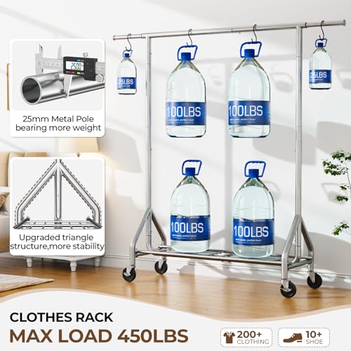 HYSEYY Silver Heavy Duty Clothes Rack | 450 LBS Capacity, Rolling Garment Stand with Shelves & Wheels