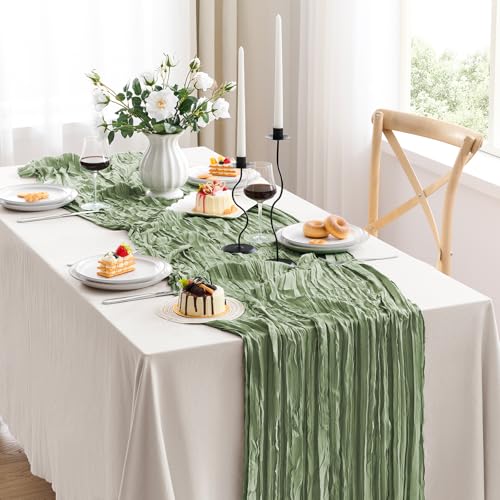 Veblandy Sage Green Cheesecloth Table Runner 120 Inch Boho Rustic Wedding Decor