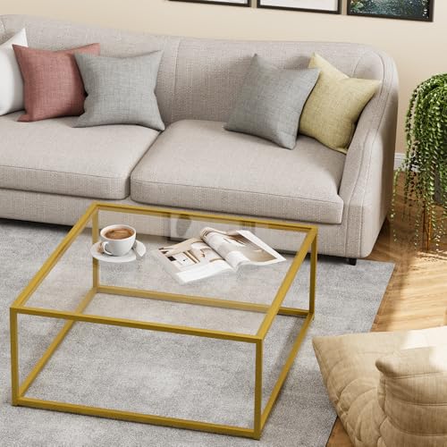 Gold 1-Tier Square Glass Coffee Table - Small Modern Living Room Center Table