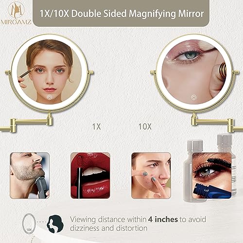 Brushed Gold 8-Inch Lighted Wall Mounted Makeup Mirror 1X/10X Magnification