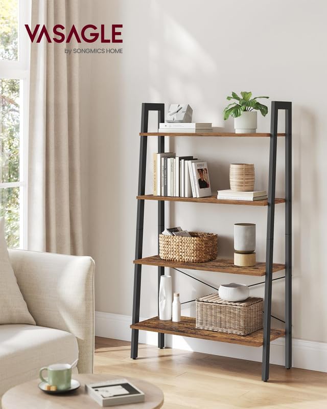 VASAGLE 4-Tier Ladder Shelf Without Back Panels Rustic Brown & Ink Black 31.5W