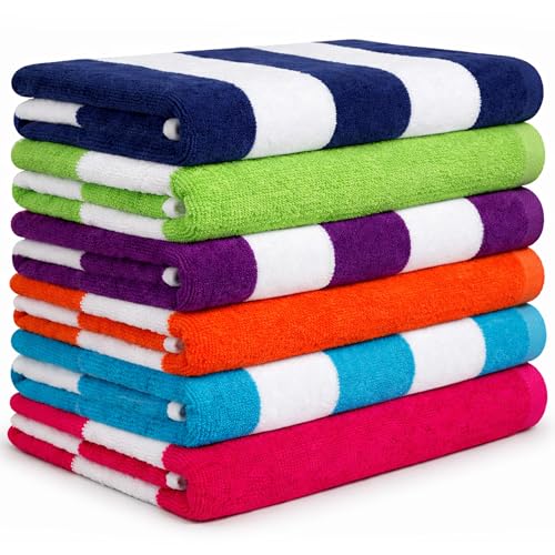 BolBom 6 Pack Large Cotton Beach Towels 30x60in - Vibrant Pool & Bath Set with Quick Dry Fabric - Green, Purple, Turquoise, Orange, Blue, Pink