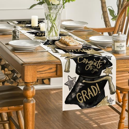 Artoid Mode Watercolor Congrats to You Star Graduation Table Runner 13" x 72" Black