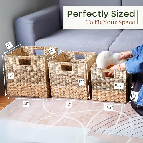 Natural Wicker Storage Cubes Set of 4 - 11x11 Inches, Foldable Organizers with Handles