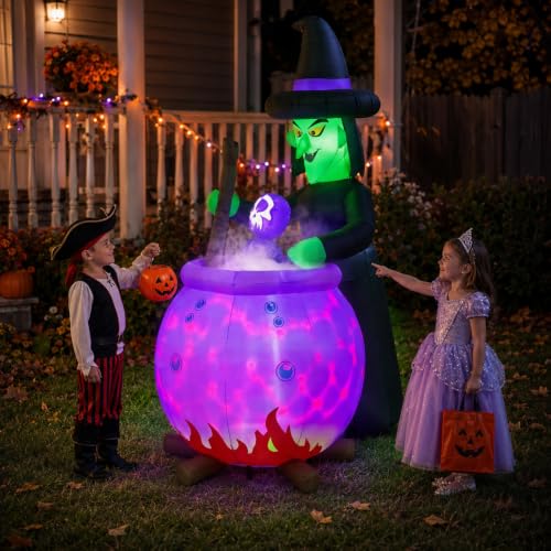 Enlik 6 FT Inflatable Witch and Cauldron Halloween Yard Decor with RGB Light Show - Outdoor Spooky Blow Up for Lawn, Porch, Garden, Party, Halloween Decorations