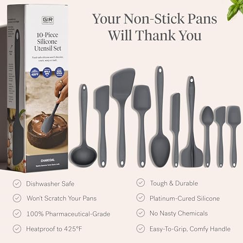 Silicone Kitchen Utensils Set - Charcoal, 10-Piece Essential Cookware Collection with Heat-Resistant Tools