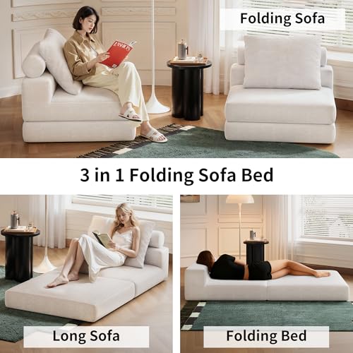 Lumbershed White 3-in-1 Folding Sofa Bed with Pillows — Single, Space-Saving Convertible Couch for Living Room & Bedroom