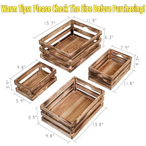 MACVAD Torched Brown Large Rustic Wooden Storage Crates Set of 4, Farmhouse Nesting Boxes