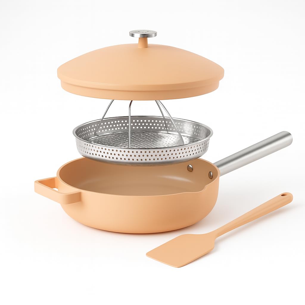 Nutricook 10.5” Ceramic Nonstick Pan with Lid, Steamer & Spatula | Oven Safe, Induction Compatible | 10-in-1 Multi-Function Cookware for Saute, Frying, Searing, Steaming & Baking, Canyon Sunset