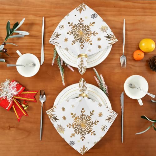 Christmas Snowflakes Cloth Napkin Set of 6 Gold White Reusable Holiday Table Linen