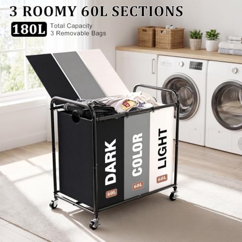 YKDIRECT 180L Multicolor 3-Section Laundry Hamper with Wheels & Lid - 47.55Gal Capacity