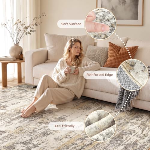 Jessibou 8x10 Gold Brown Abstract Washable Area Rug for Living Room